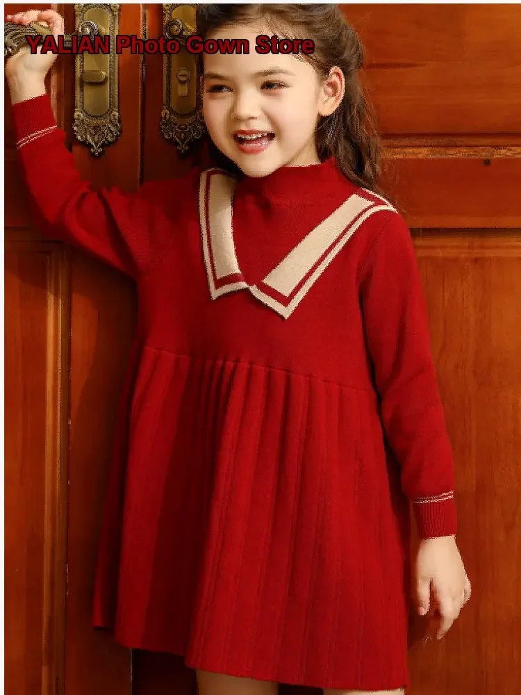 Girls Knit Dress Kids Autumn 2026 Base Layer Dress Solid Color Elegant College Style