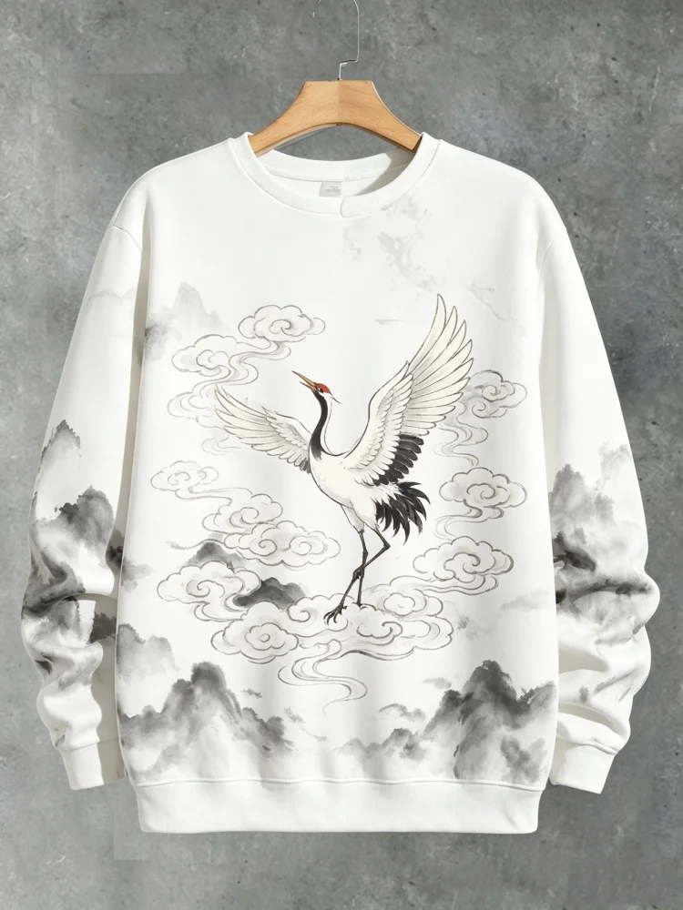Men's Chinese Style Sweatshirt Oriental Crane Print Ink Wash Painting Loose Fit Crewneck Pullover