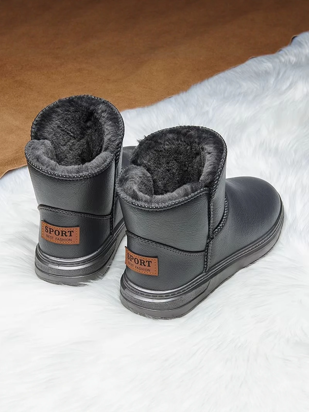 Northeast Men's Winter Snow Boots Fleece Lined Thickened Warm Waterproof Anti-slip Fur Leather Integrated Low Heel Short Tube