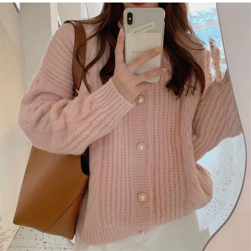 Women Korean Fashion Vintage Chic Beaded Button Thick Knitted Cardigan Autumn Winter Twist Simple Sweet Long Sleeve Sweater Coat