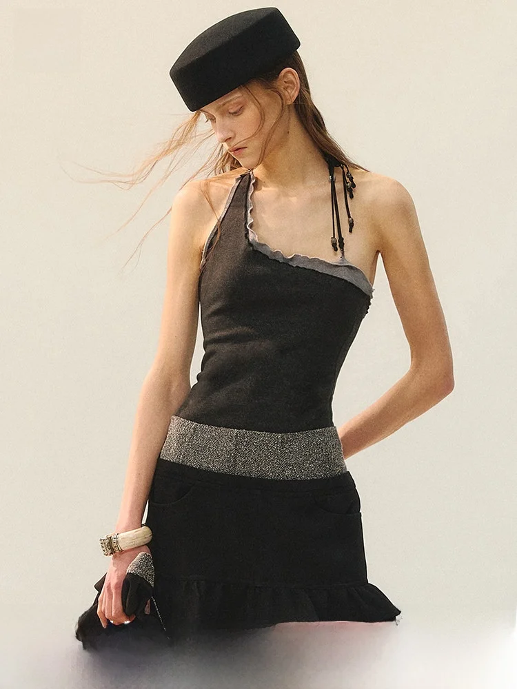 

Genesis【Frost Weave adow】Single oulder Trimmed Beaded ter Ne Vest Women's Faion Tight Fit ort Length