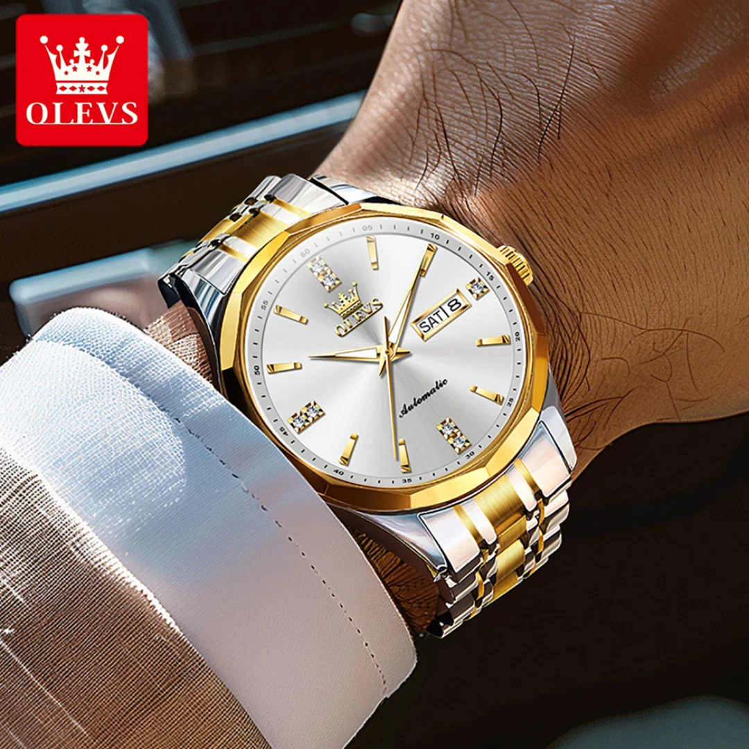 OLEVS 7056 기계식 패션 시계 선물 스테인레스 스틸 시계 밴드 라운드 다이얼 손목 시계 주 표시 달력 빛나는