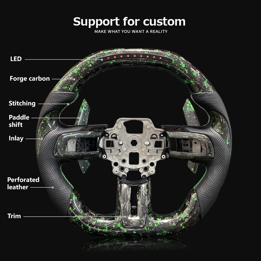new For Ford Mustang Steering Wheel 2015-2024 LED Forged Carbon Fiber Green Flakes Customized Wheel