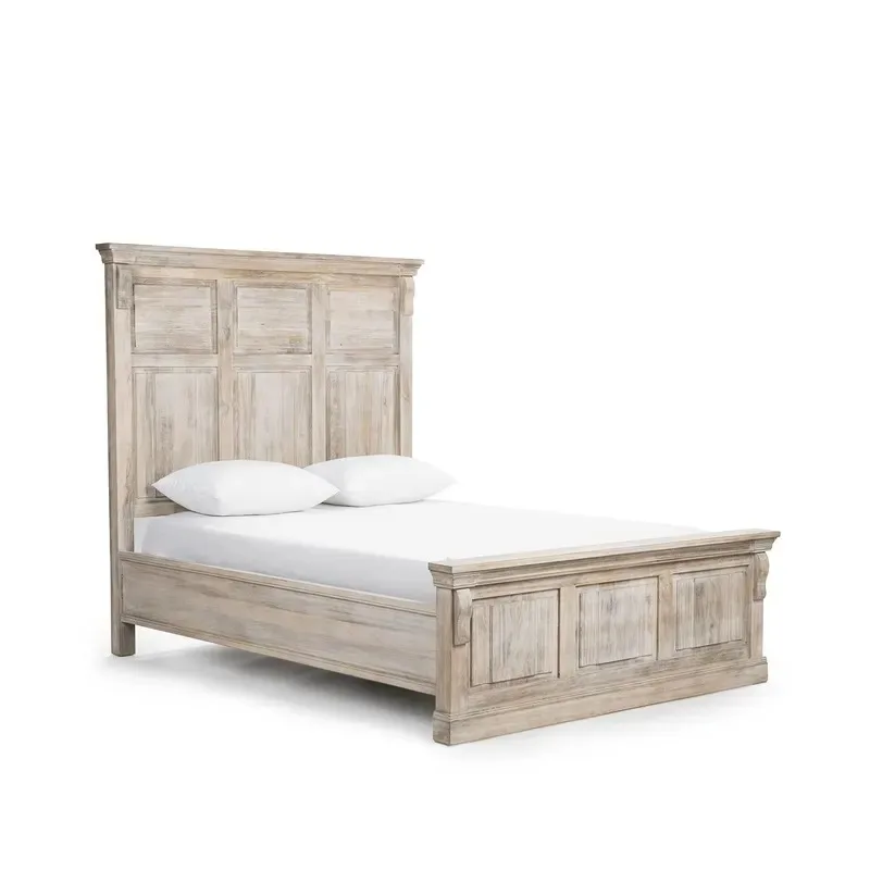 Rugged Durable Cream Faux Old Long Slats Headboard Sideboard Double King Bed Solid Wood Platform Bed Frame with Slat Support
