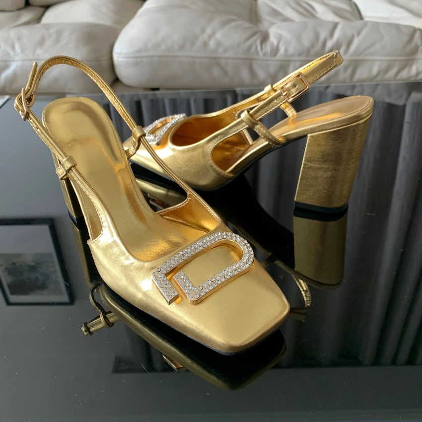 Fashion Woman High heels Gold Mules Heels for Women Chunky Rhinestone Elegant Heeled Slingback Shoes Modern Office Wedding Pumps