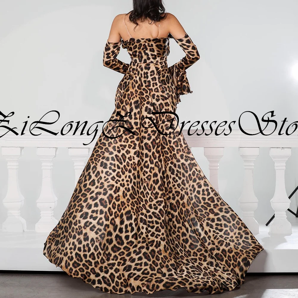 Elegant Luxury Evening Dress 2024	Boat Neck Ankle Length leopard print A-Line Flare Detachable Sleeve Boat Neck Panel train