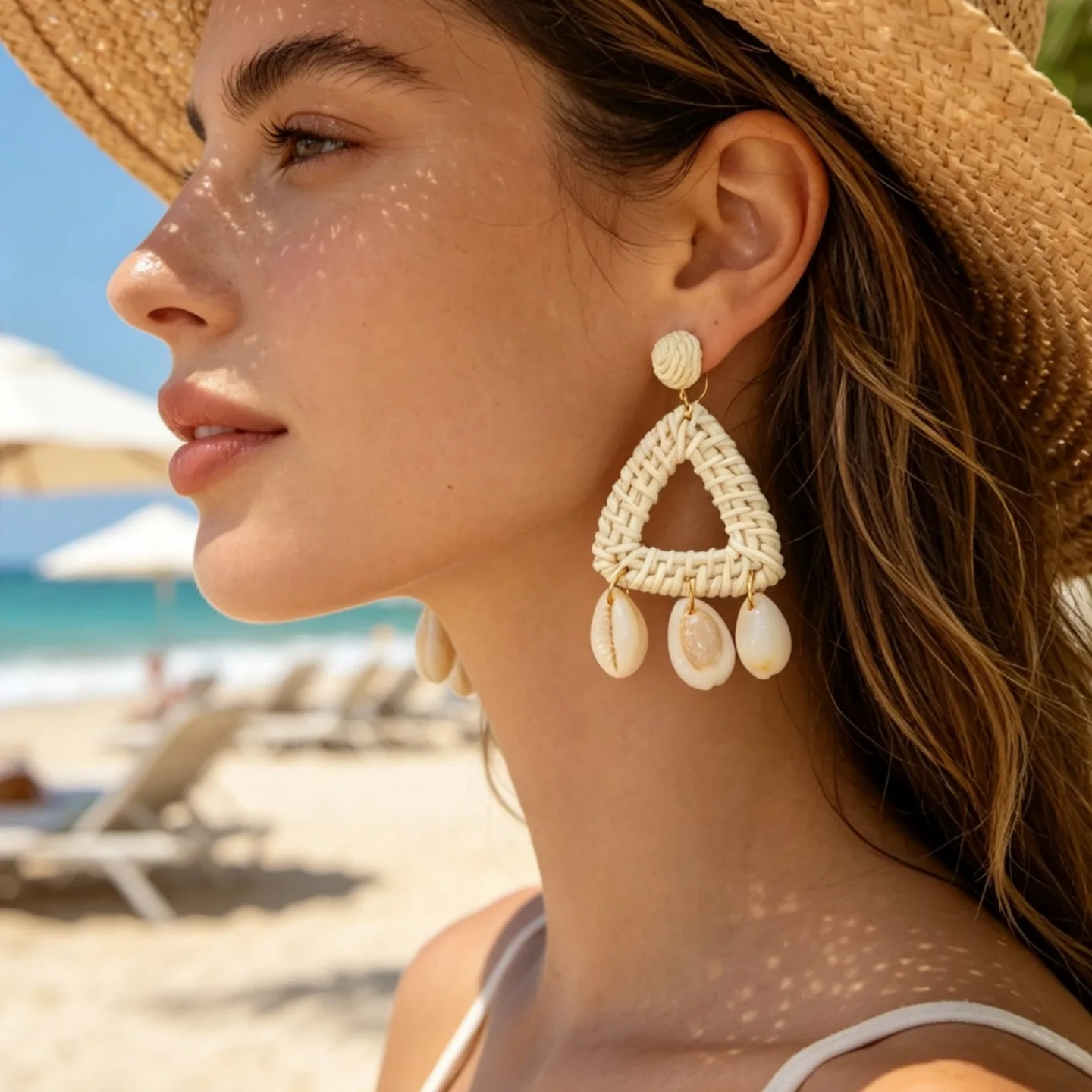 Vintage hand-woven triangle earrings fringed fashion ethnic style shell conch earrings stud earrings