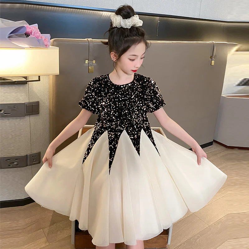 

Party Dress for Girls Sequin gauze skirt dress sparkling Short sleeve Children's princess dresses 4-14t Girl Summer Kids Clothes