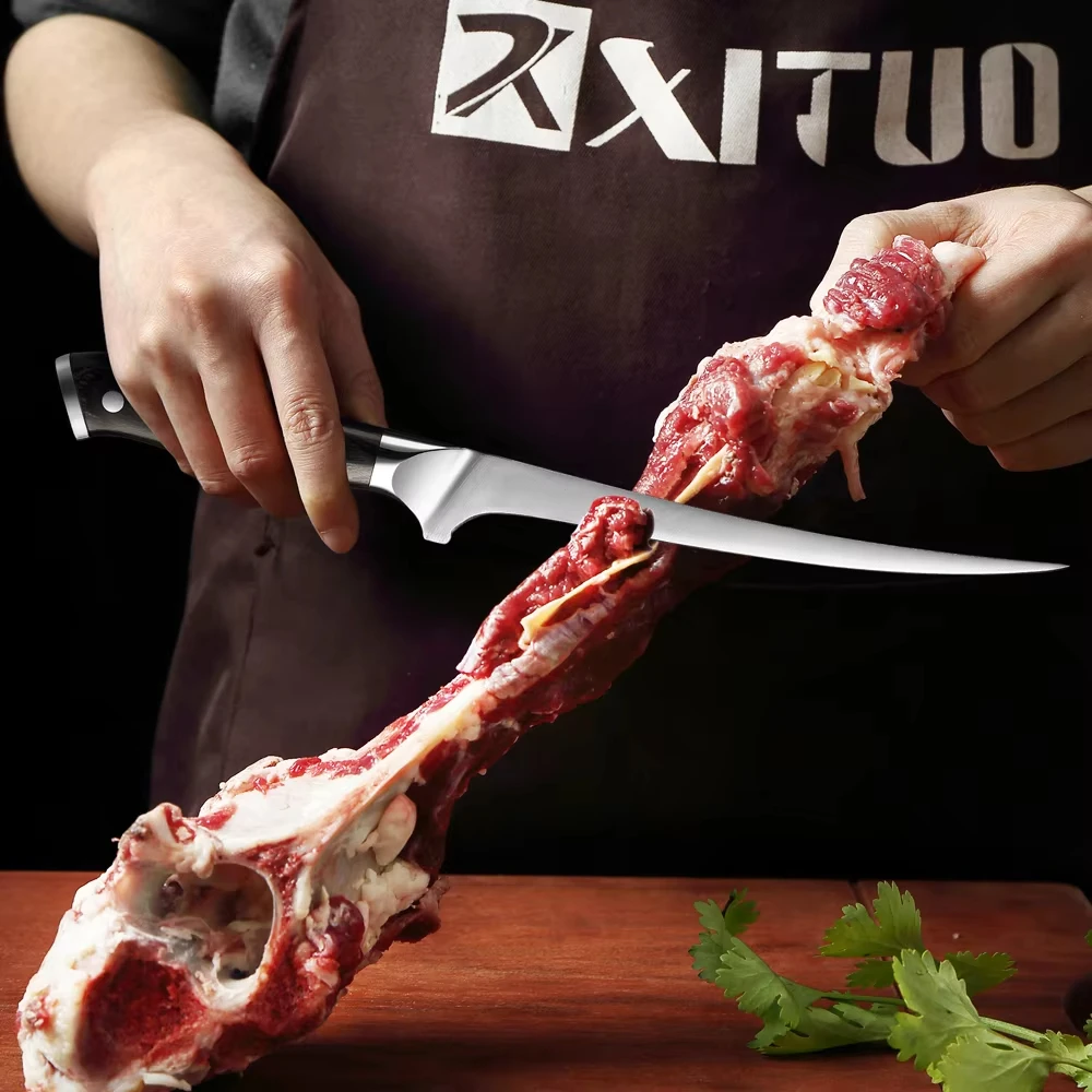 

8-дюймовый нож для костей, нож для обвалки из нержавеющей стали, острый нож для мяса, гибкое лезвие, изогнутый нож для филе рыбы, черная деревянная ручка