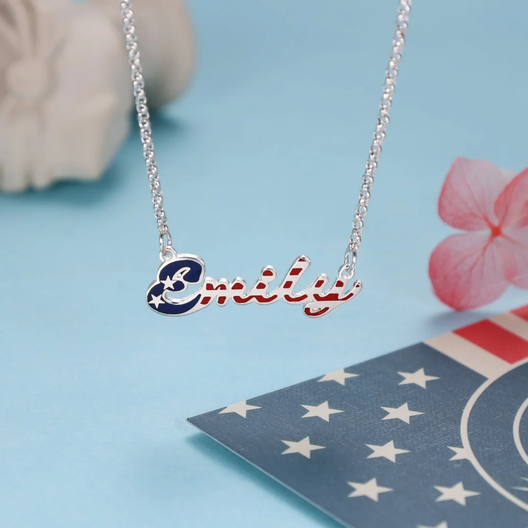 Personalized Name Necklace America Flag Necklace 4th of July Gift Enamel Name Pendans Customized Name Jewelry Gift for Her