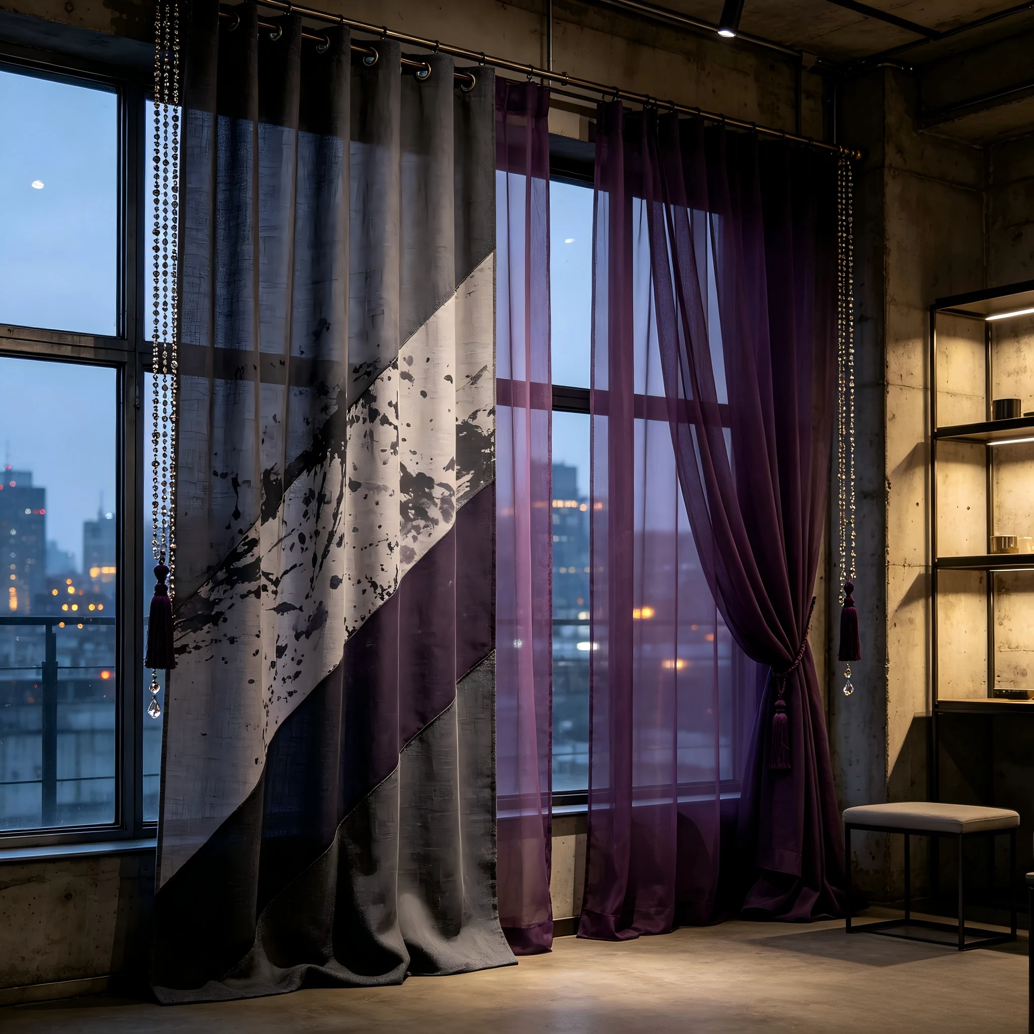 200278   Coal ash coarse woven linen+deep purple organza layered curtain curtain