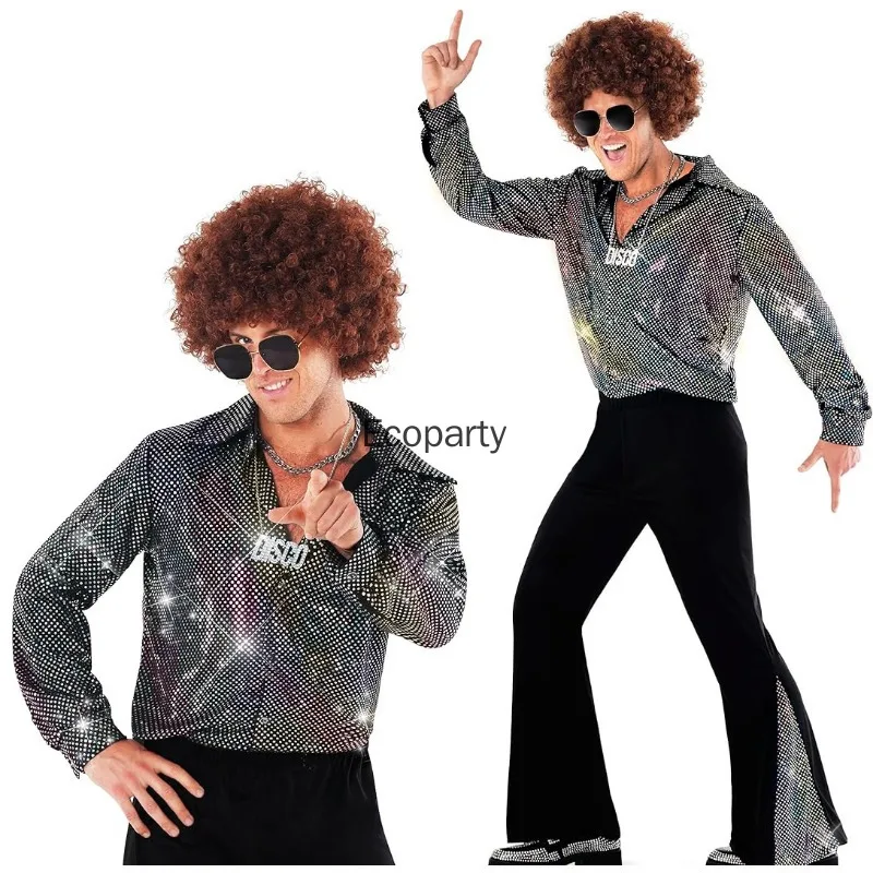 New Men's Vintage Disco Costume Shiny Sequin Long Sleeve Shirts Adult Halloween Party Hippie Cosplay Performance Wear Outfits