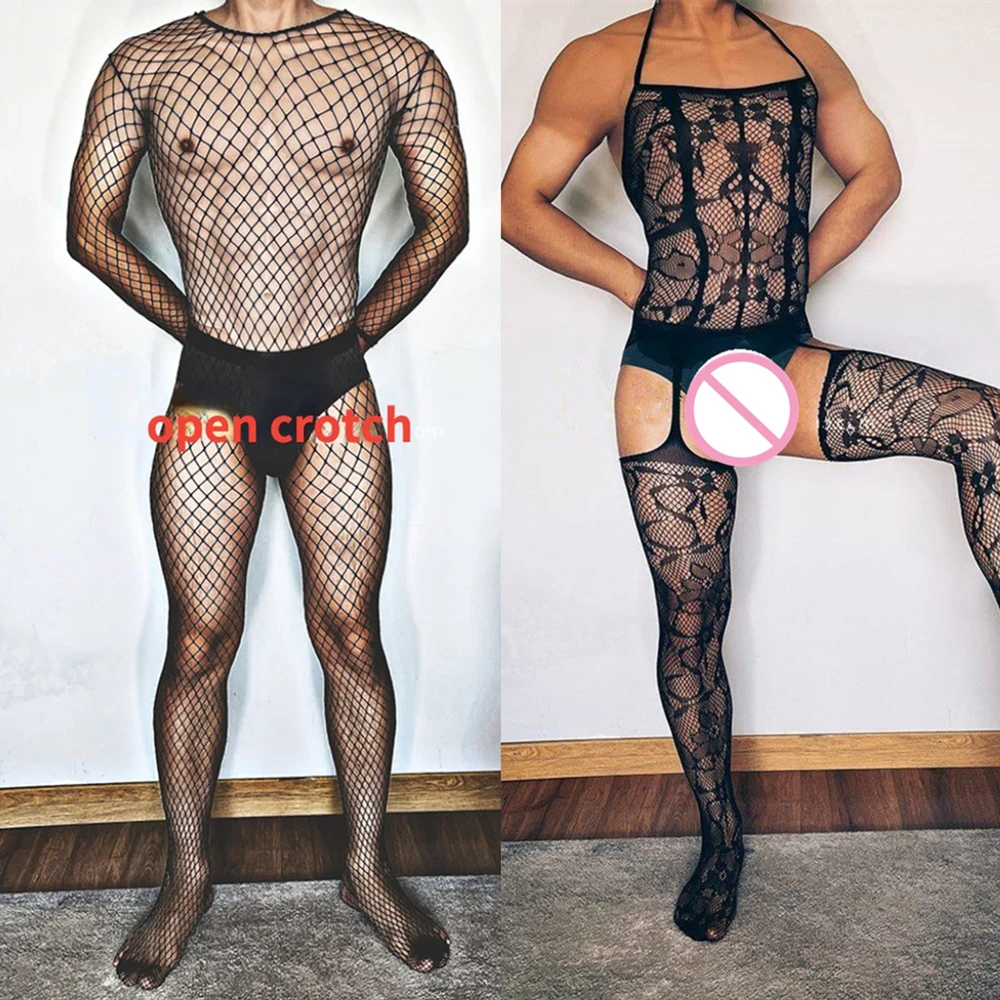 Lencería Sexy negra de talla grande para hombre, medias de red para el cuerpo, ropa interior masculina, lencería exótica para hombre, medias transparentes con entrepierna abierta