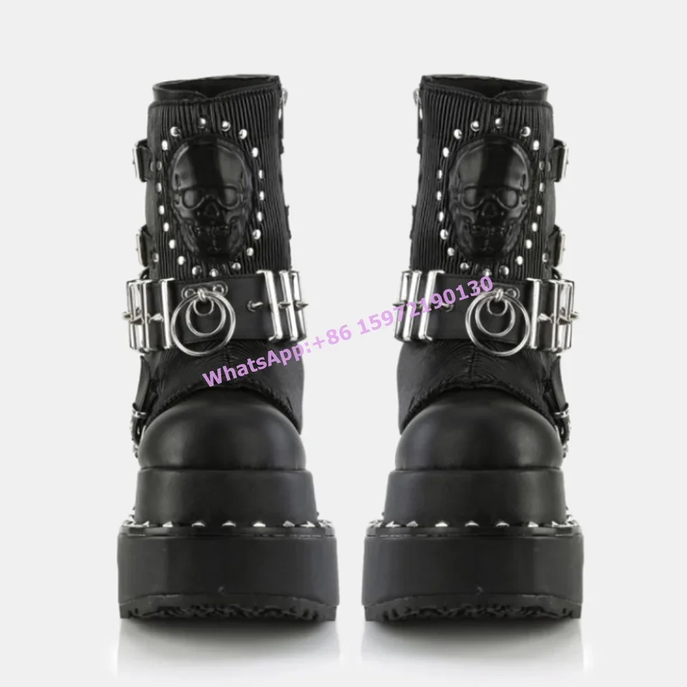 Rivet Platform Black Ankle Boots Metal Buckle Round Toe High Increase Gothic Skeleton Shoes Leisure Couples Punk Winter Shoes