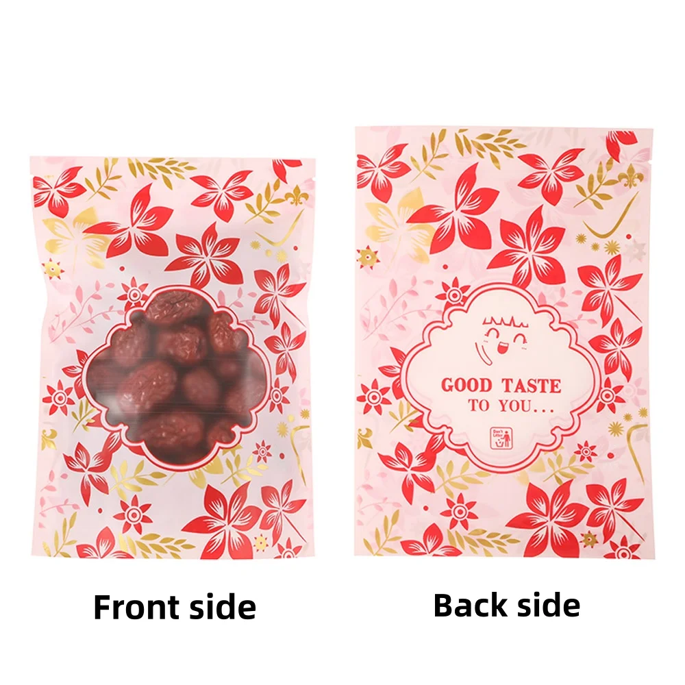 100pcs Red & Gold Flower Printed Stand-Up Self-Sealing Bags with Window view| Reusable Zip Lock Pouches for Tea & Retail Packagi
