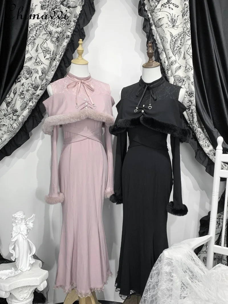 

Japanese Mine Series Sweet Girl Furry Patchwork Knitted Dress Autumn Winter New Women's Long Sleeve Slim Elegant Lolita Dress