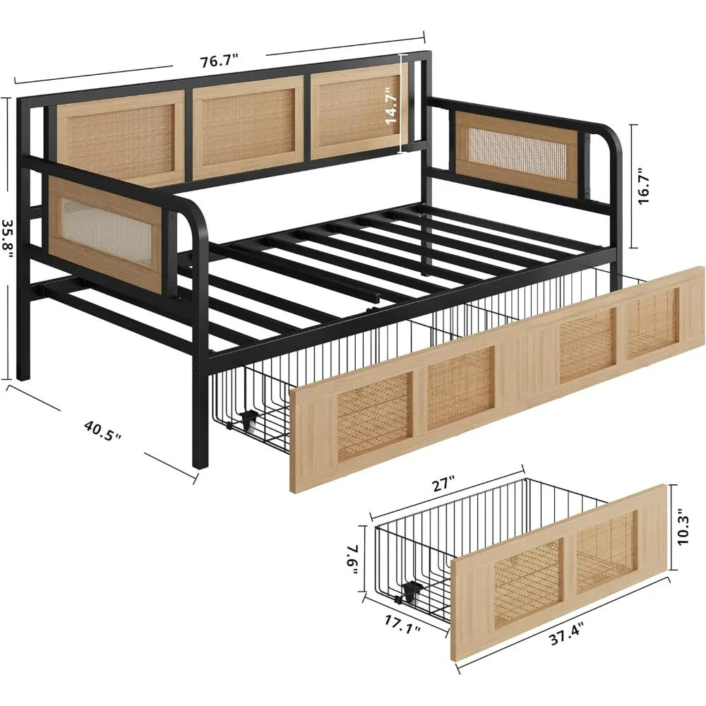 Twin Daybed, Day Bed Frame with Storage Drawers, Rattan Boho Corner Bed Frames with Strong Supports, Sofa DayBed for Living
