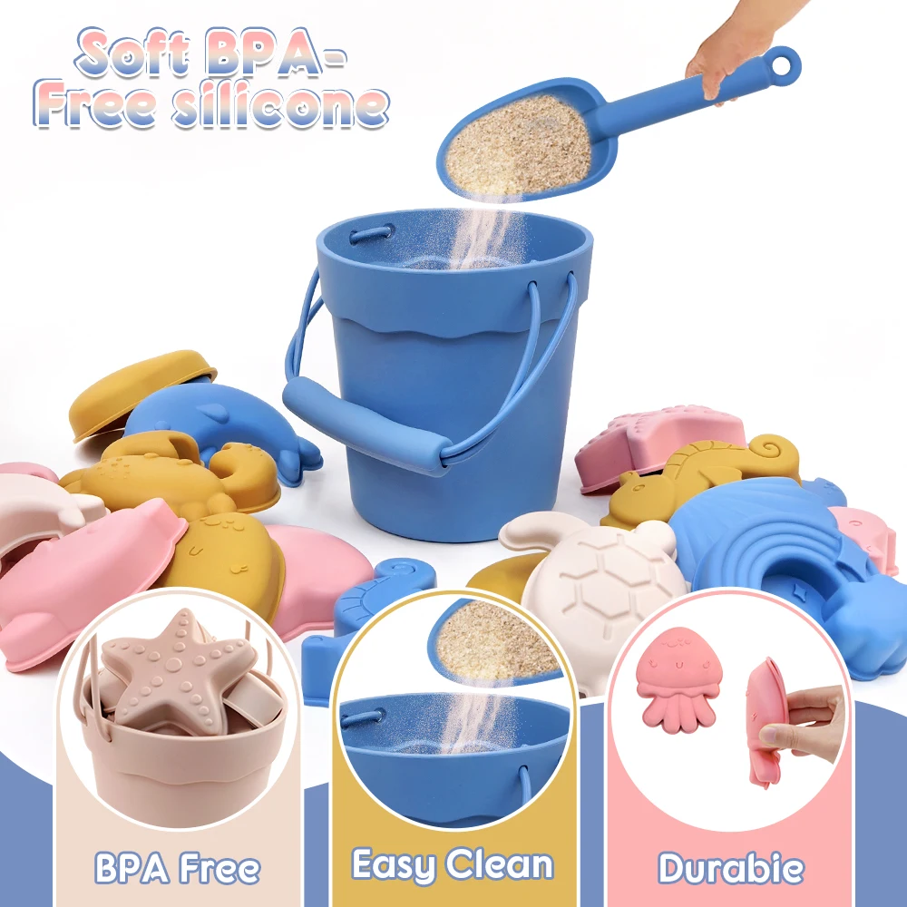 8pcs Food-Grade Silicone - Fun Summer Outdoor Toys for Kids  BPA-Free,  Beach Toys Eco-Friendly,with Bucket & 4 Color Set