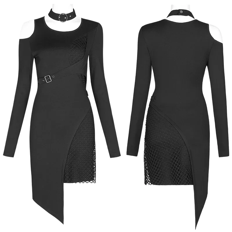 PUNK RAVE Women\'s Punk Handsome Hollow Shoulder Long Sleeve Dress Fashion Cool Button Removable Collar Black Sexy  Short Dresses