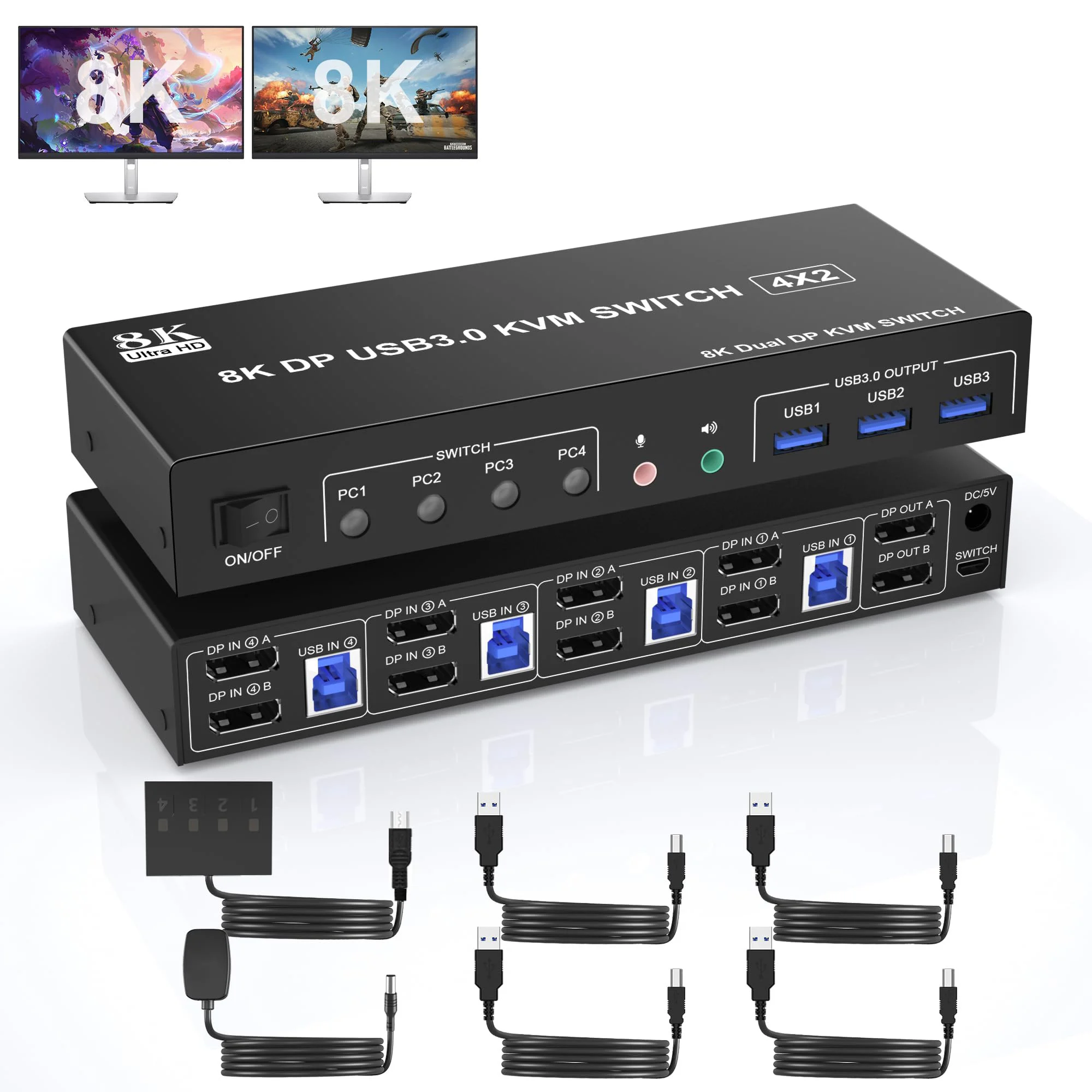 8K USB 3.0 Displayport KVM Switch 2 Monitors 4 Computers,4 Port Dual Monitor KVM Switch with Audio Output and 3 USB 3.0 Ports