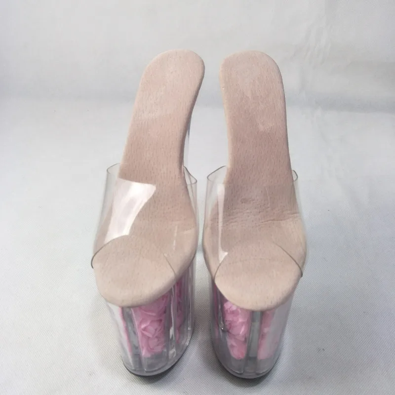 Summer style romantic pink rose glass , model stage performance high heels 20CM transparent dance shoes