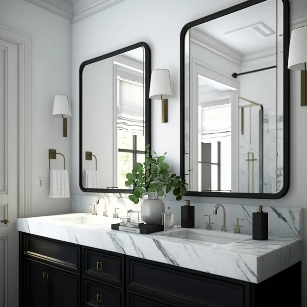 2-piece black bathroom mirror, modern farmhouse vanity mirror 24 x 36 inches, metal frame rectangular mirror, wall mounted