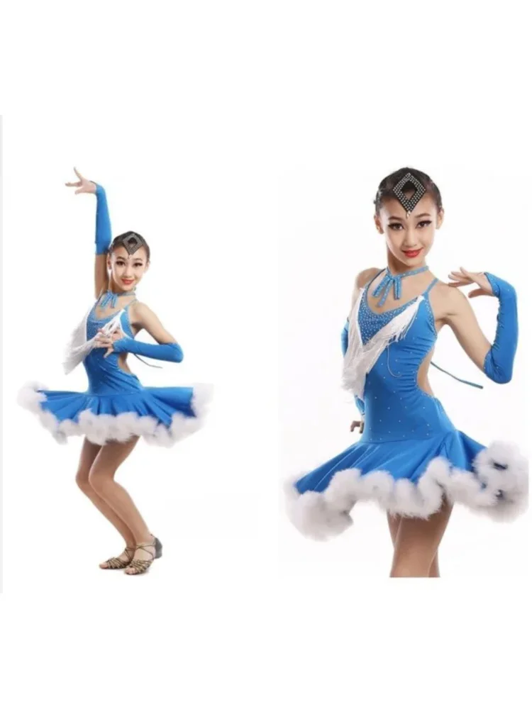 1 pcs/lot Children Professional Latin Tassel Dance Dress Girls Modern Waltz Tango Cha Cha Kids Ballroom Dress with Feather OI929