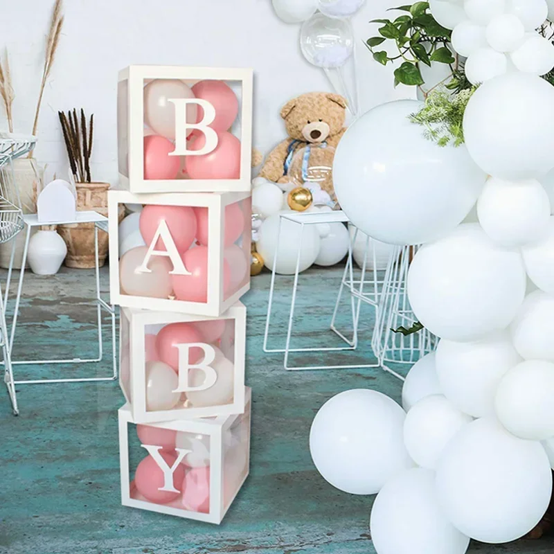 25/27cm Transparent Letter Baby Shower Box Birthday Wedding Custom Cube Balloon with Letter Box 1st Birthday Party Decorations