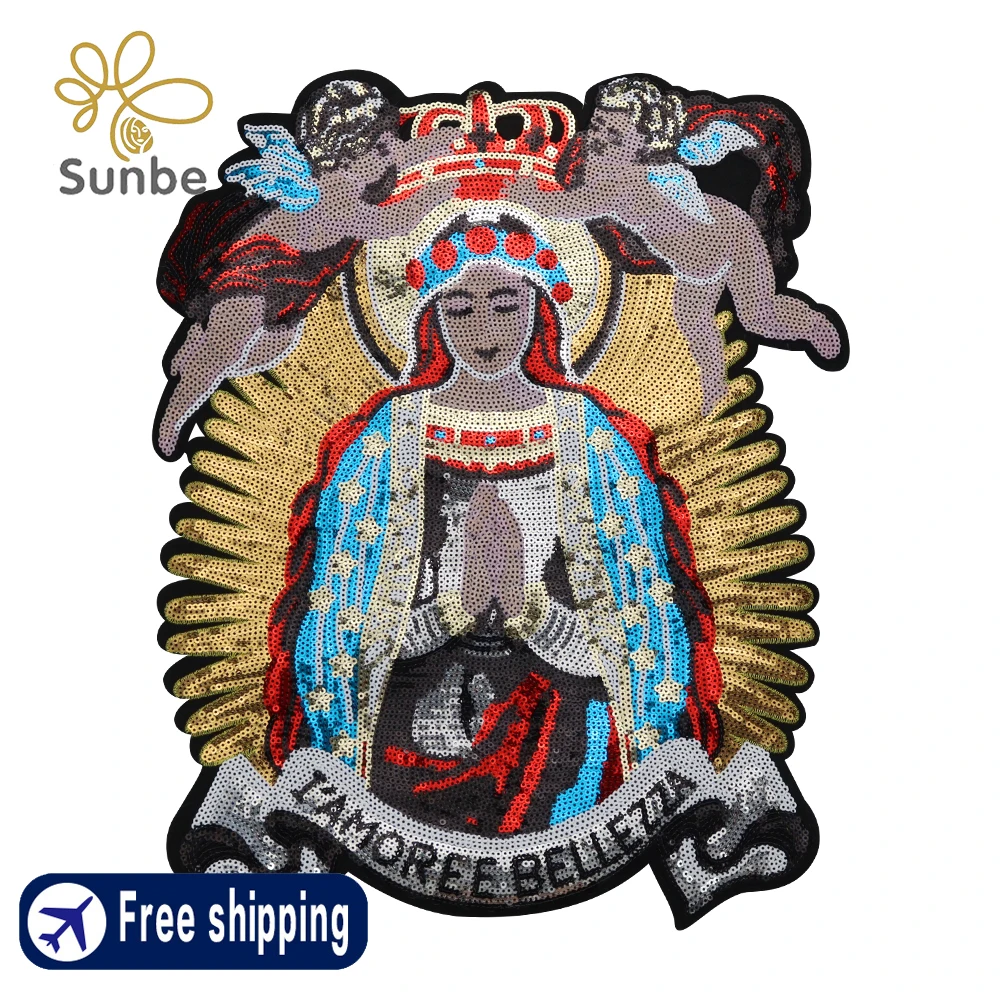 Large Sequin Fairy Virgin Mary Baby Angel Patches Embroidery Applique Brand Fashion Show Back Patches Jacket