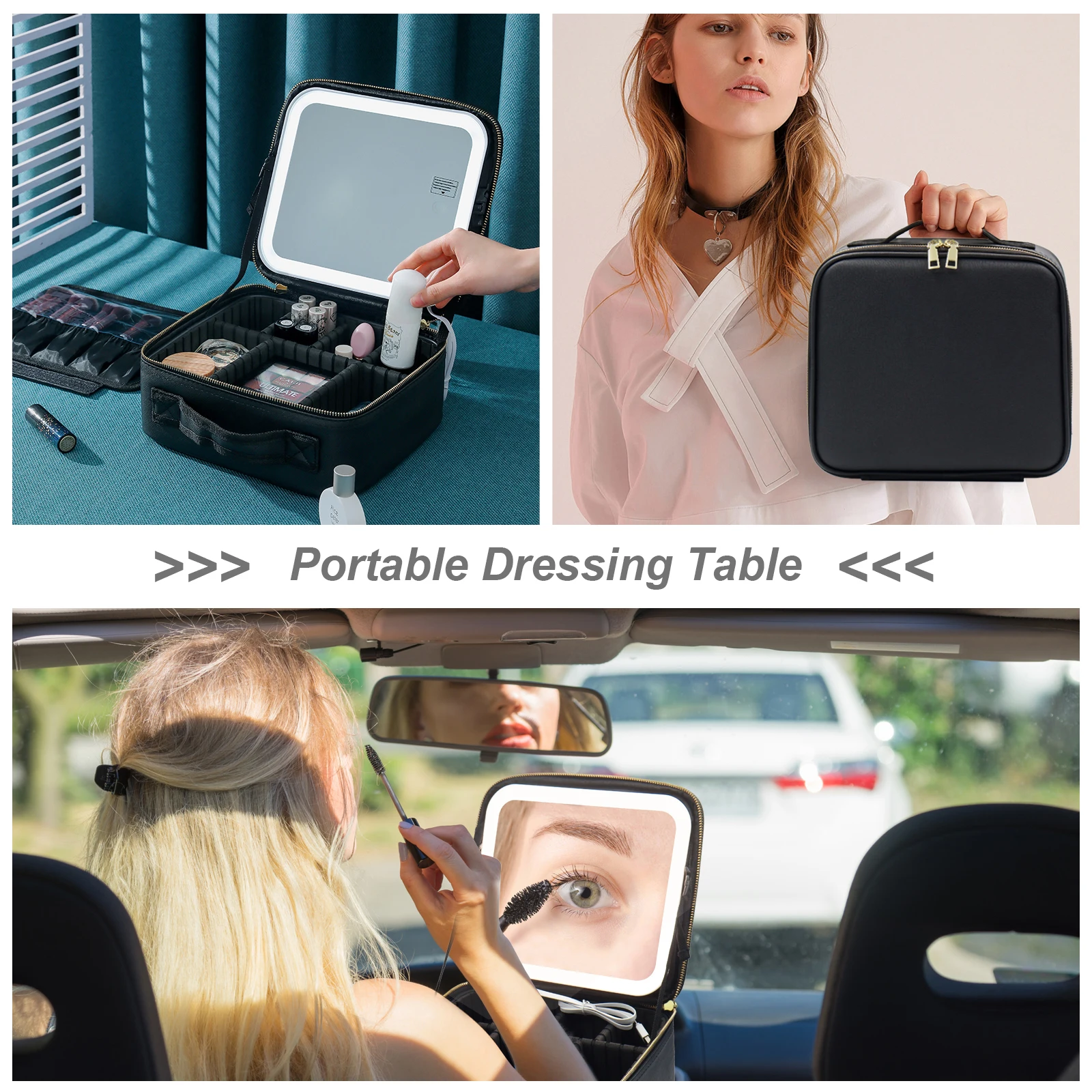 Travel Makeup Bag with Mirror of LED Lighted, with Adjustable Dividers, with Detachable 10x Magnifying Mirror