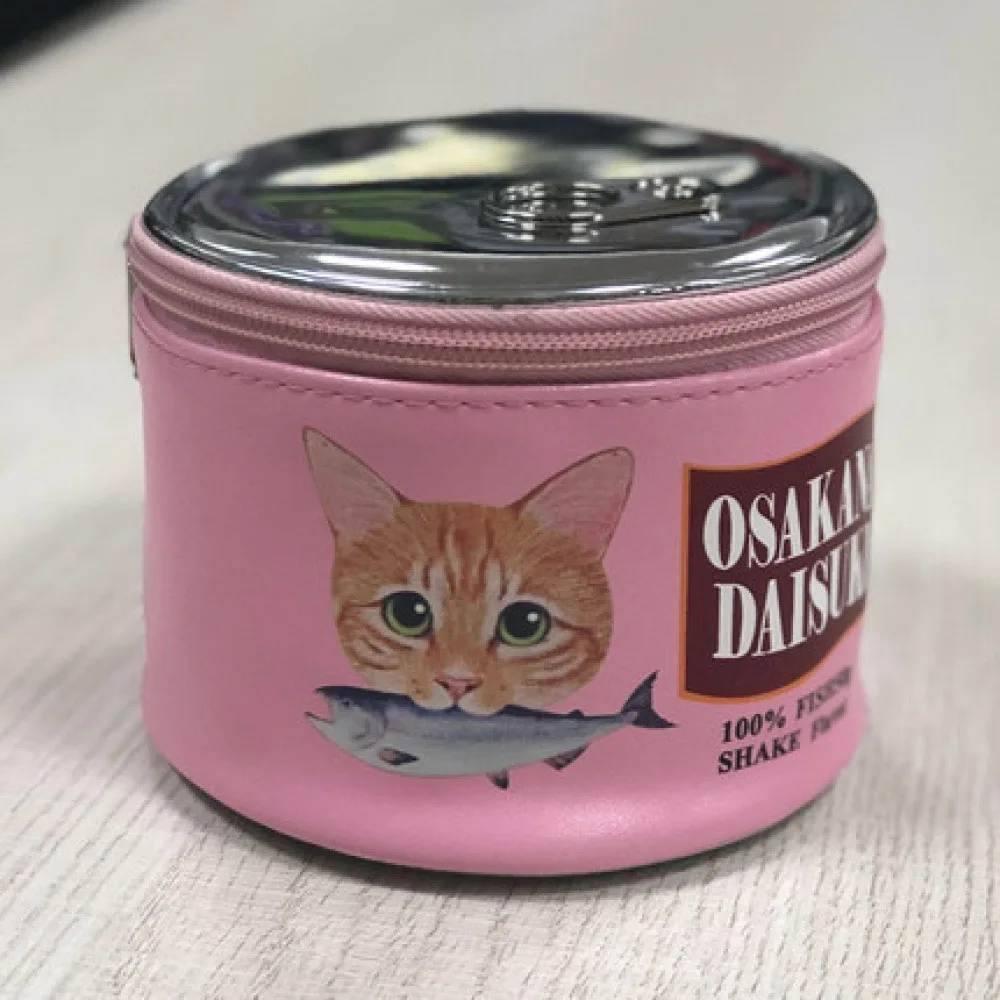 Cylindrical cartoon creative cat fish can cosmetic bag, cute sardine can shape storage bag for girls