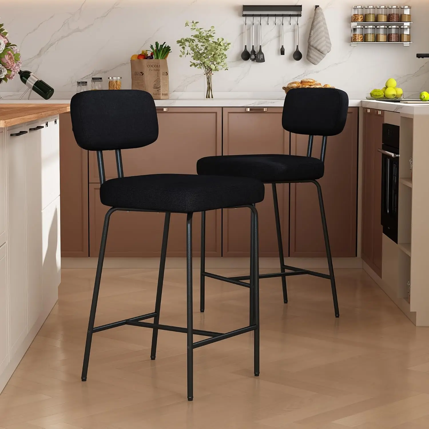 Counter Height Bar Stools Set Of 2, 26"" Black Counter Bar Stools, Upholstered Fabric Kitchen Island Chairs Barstools With Back