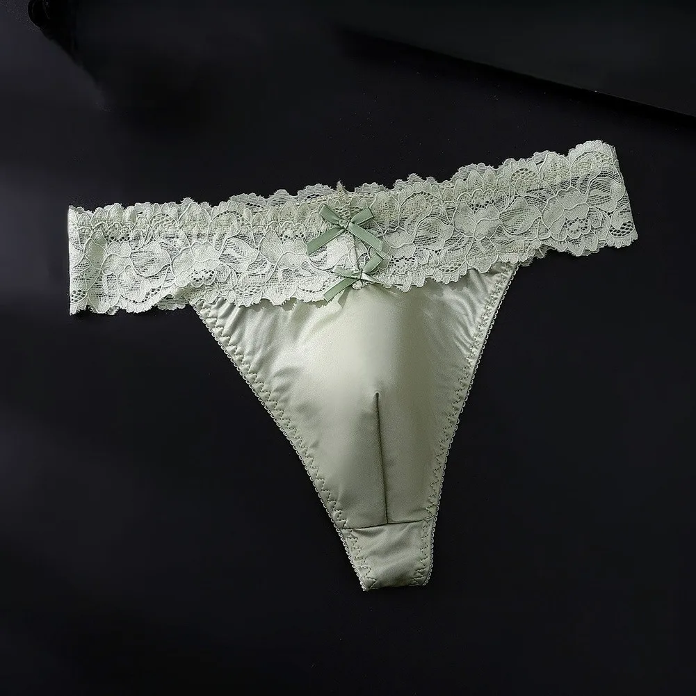 Men's Satin Lace G-String Thongs with 3D Bulge Pouch Low Waist Underwear for Men Nude Red Green Black White M-3XL