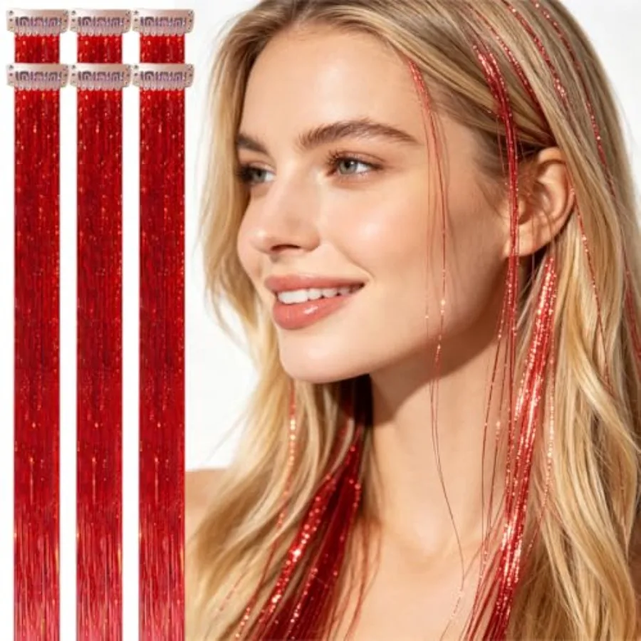 

Holiday party Christmas hair extensions for women teens: red clip-in, 80 strands, heat-resistant synthetic fibers, vibrant colo