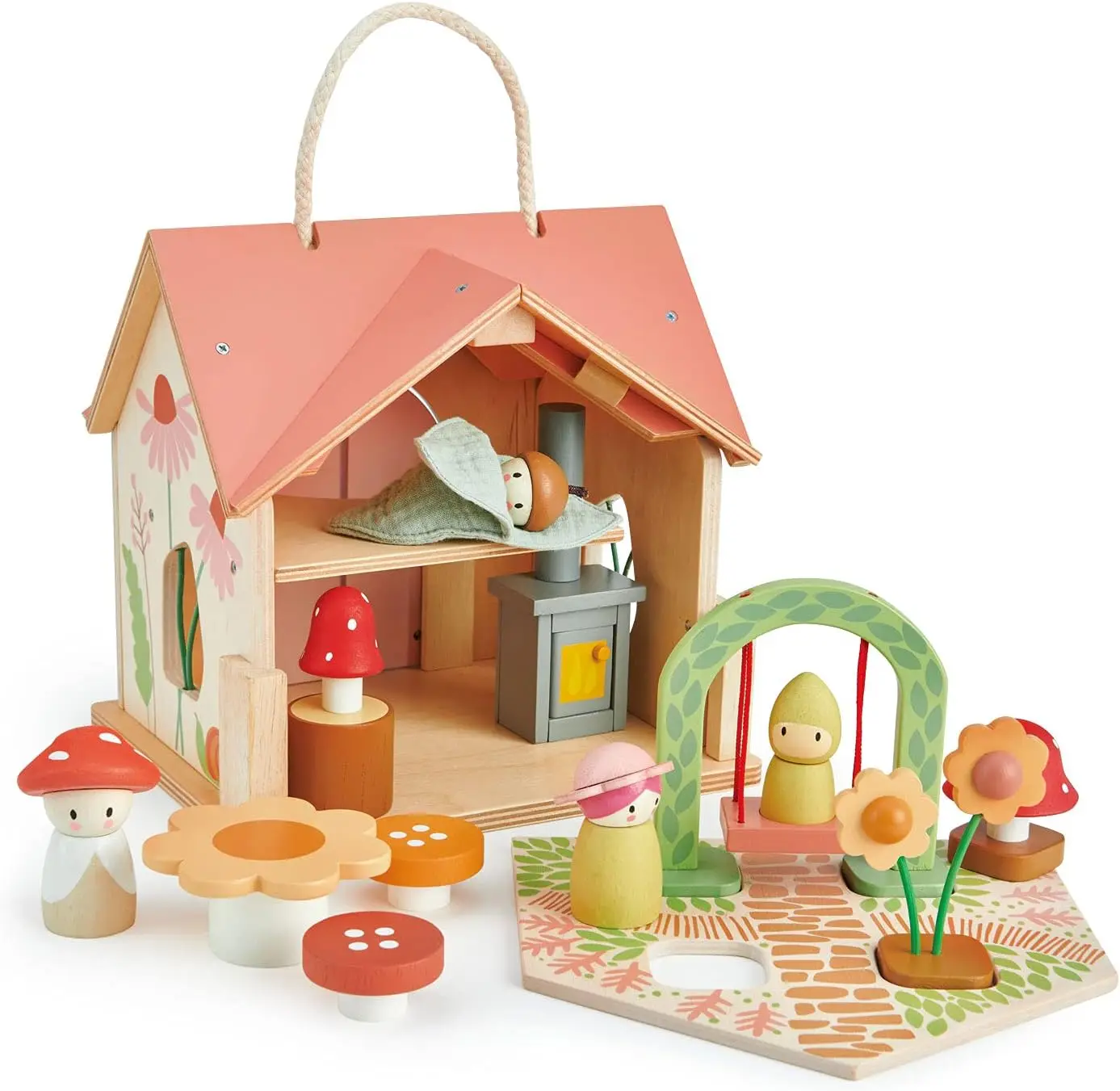 Tender Leaf Toys - Rosewood Cottage - Portable Furnished Wooden 2-Story Dollhouse Set With Handle, 4 Pcs Miniature Toadstool