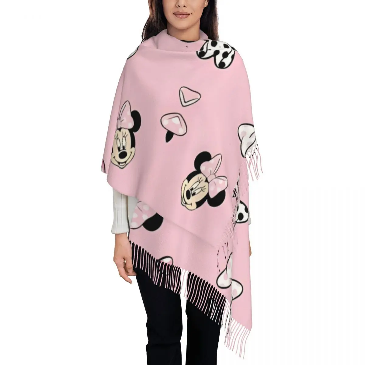 Women's Scarf with Tassel Cartoon Cute Minnie Mickey Mouse Long Winter Fall Shawl Wrap Gifts Pashmina Scarves