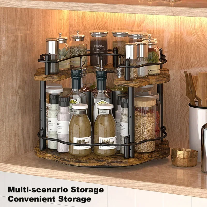 

360° Spices Rack Rotating Seasoning Holder Storage Tray Organizer Wooden Oil, Salt, Soy Bottle Storage Rack for Kitchen