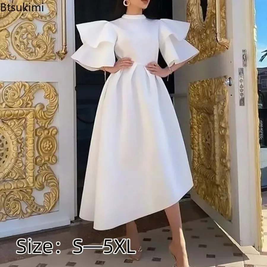 

New 2025 Women's Elegant Midi Dress Flare Sleeve O-Neck Spring Summer Folds A-Line Fashion Party Night Club Long Dress for Women