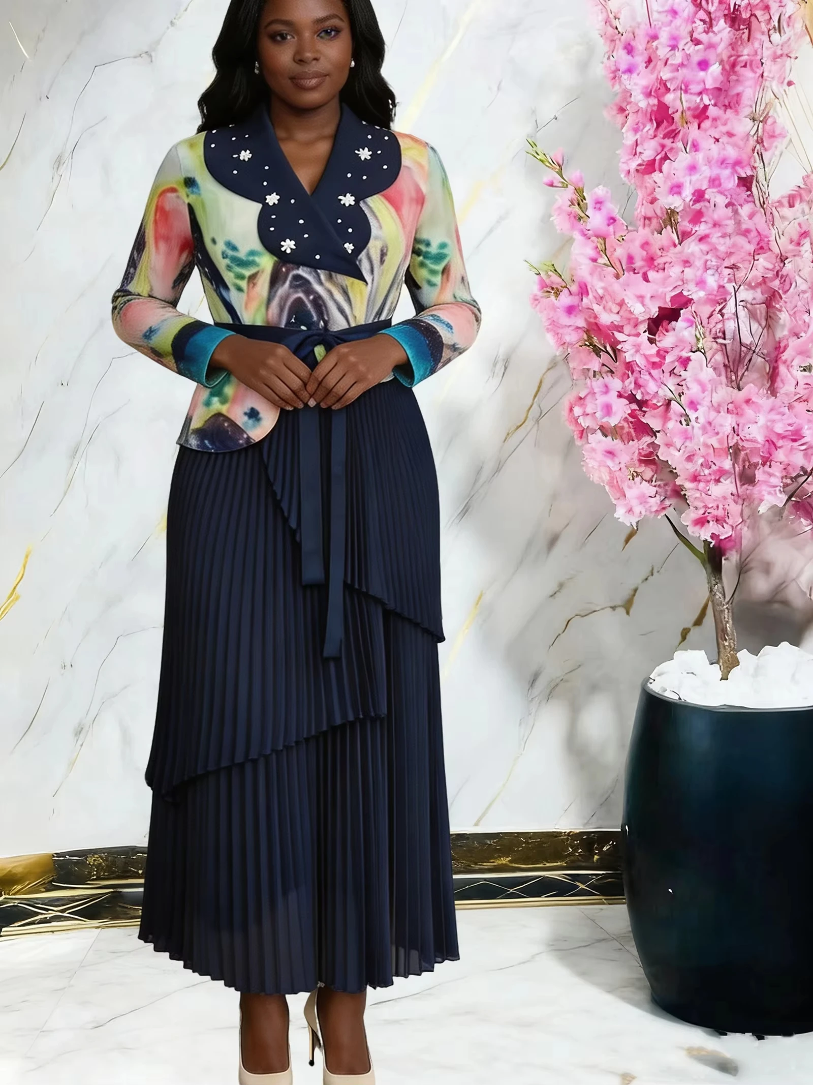 ANLAN Miyake Pleated Women 2026 Dresses Premium Sense Lapel Beaded Printed Wooden Ear Side Waist Tie Fake 2 Piece Pleats Skirt