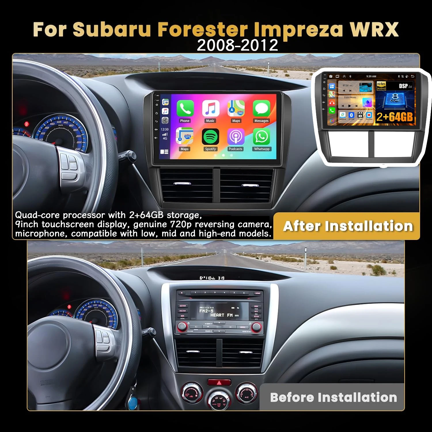 

GPS Navi with Carplay/Android Auto WiFi Bluetooth 2+64G 9''Android15 Car Stereo Radio for Subaru Forester WRX Impreza 2008-2012