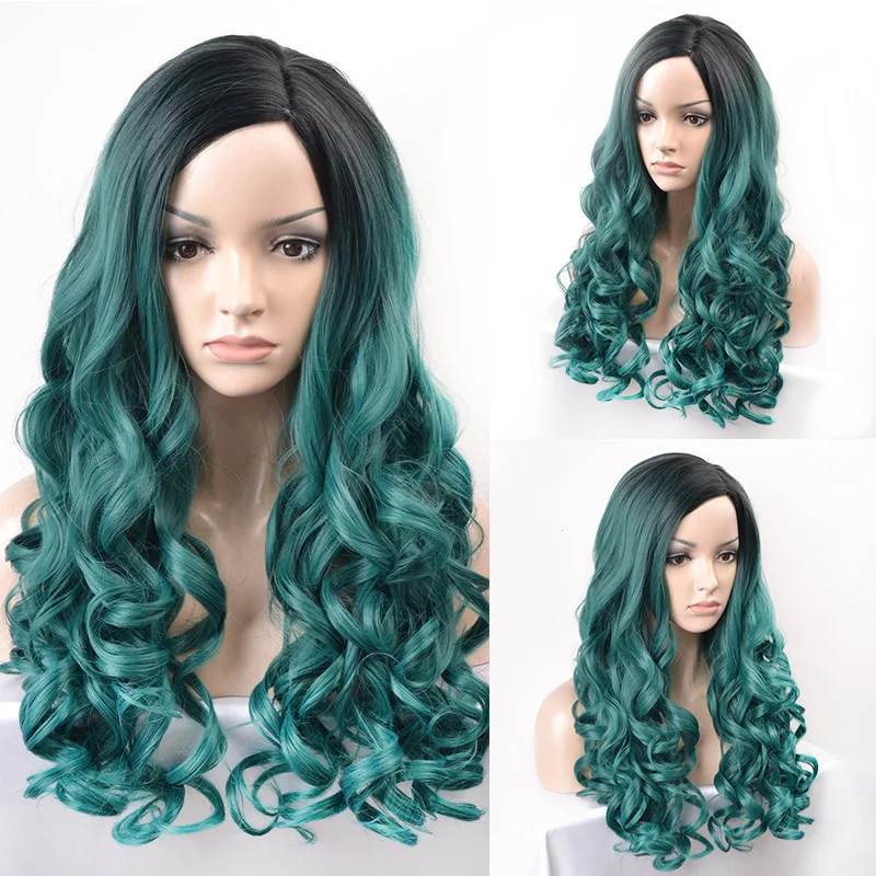 Peruca longa de cabelo encaracolado com arranca para mulheres, lolita, verde misto, natal, halloween, cosplay, festa à fantasia