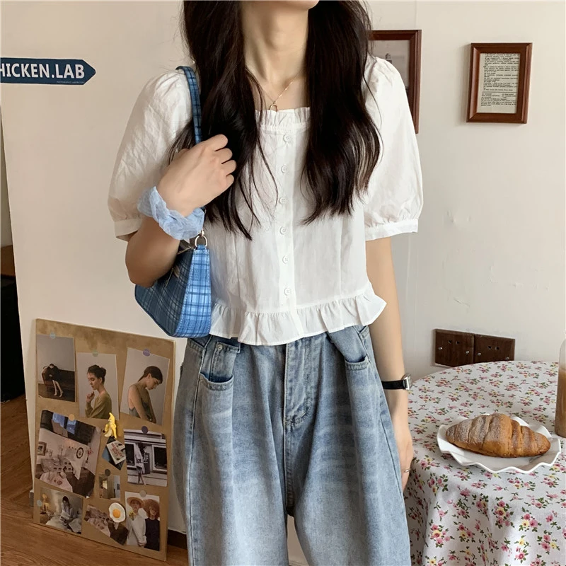 Women Sweet Ruffles Shirt Summer New Puff Short Sleeve Female Blouse Button Fashion All Match Square Collar Ladies Crop Tops