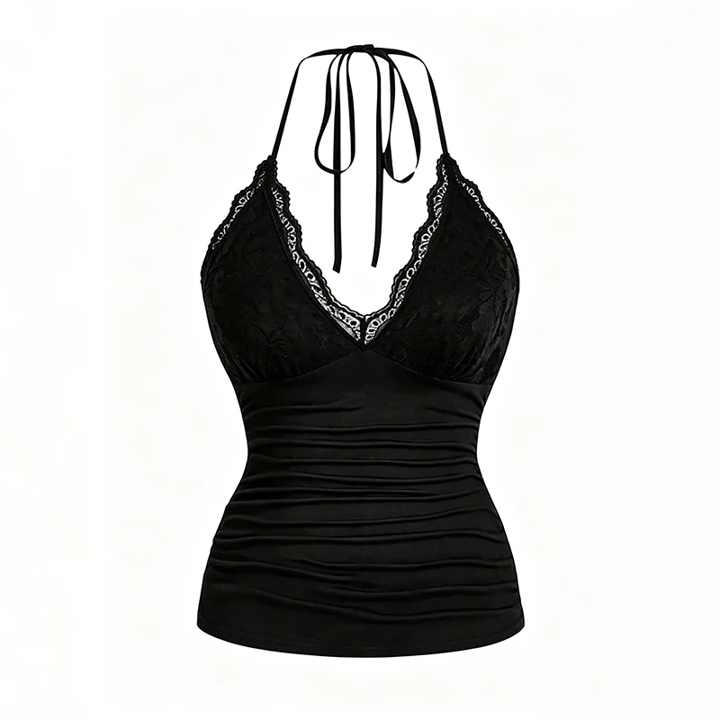 New sexy lace V-neck tank top women's summer outfit sexy rock punk gothic style backless pleated short top street style Y2K clot