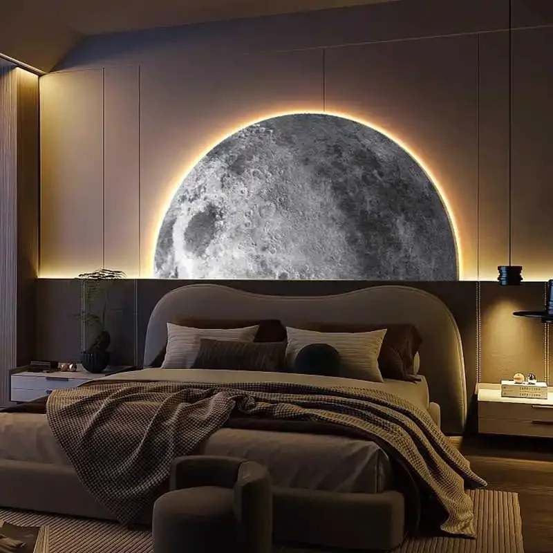 Three dimensional sandstone moon bedroom headboard decoration painting, light luxury semi circle sofa, background wall lamp, ent