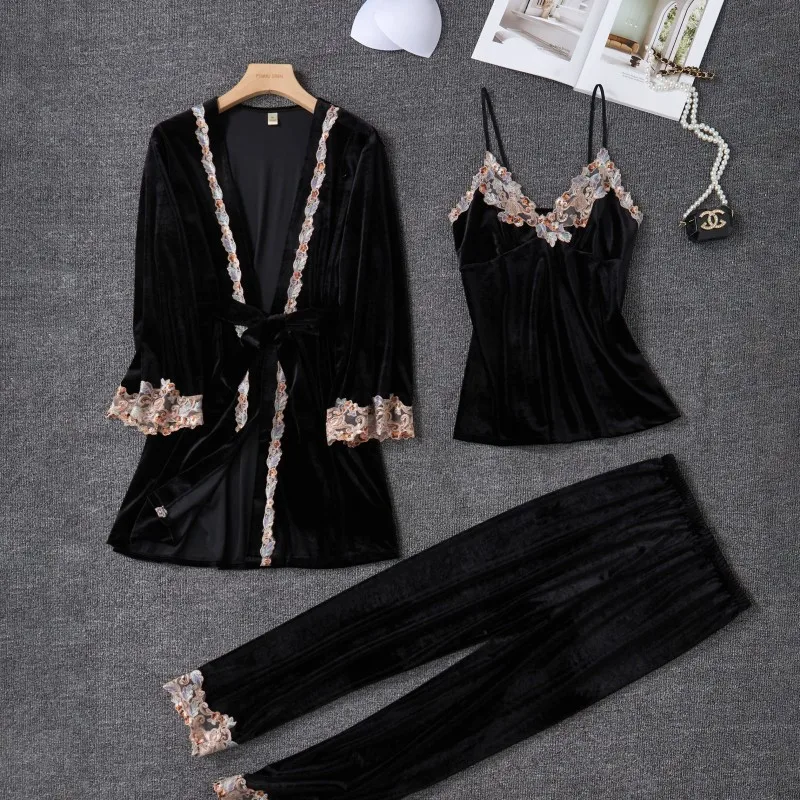 New Velour Pajama Suit Women 3PCS Robe Nightgown Set Sleepwear Lady Winter Velvet Warm Lace Folwer Kimono Bathrobe Gown 2025 - Image 4