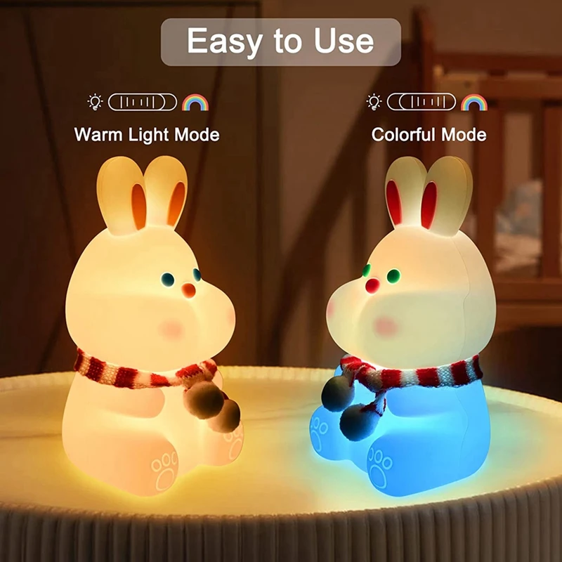 Simpatico coniglietto per bambini, luce notturna, 7 colori che cambiano, lampada Kawaii con controllo del rubinetto, morbido silicone, arredamento per la camera, ricaricabile tramite USB