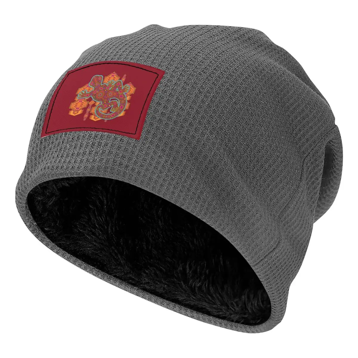 Ethnic Tribal Lizard Salamander Waffle Knit Fleece Lined Beanie with PU Leather Patch Unisex Warm Winter Soft Cap