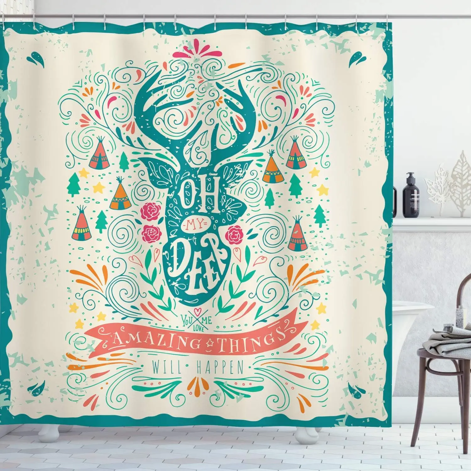 

Deer Head Tribal Art Shower Curtain 72x72 Inches Oh My Deer Amazing Things Will Happen Motivational Design