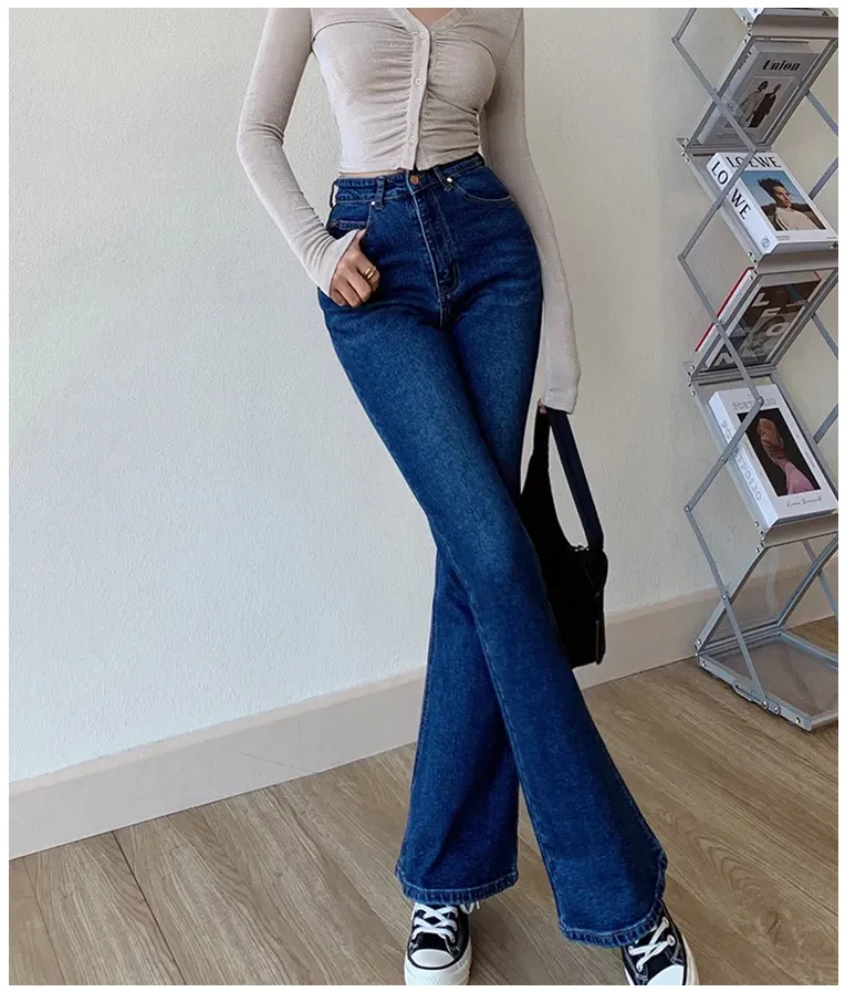 Skinny Bell Bottom Jeans Hoge Taille Stretch Straight Slim Fit Uitlopende Denim Broek