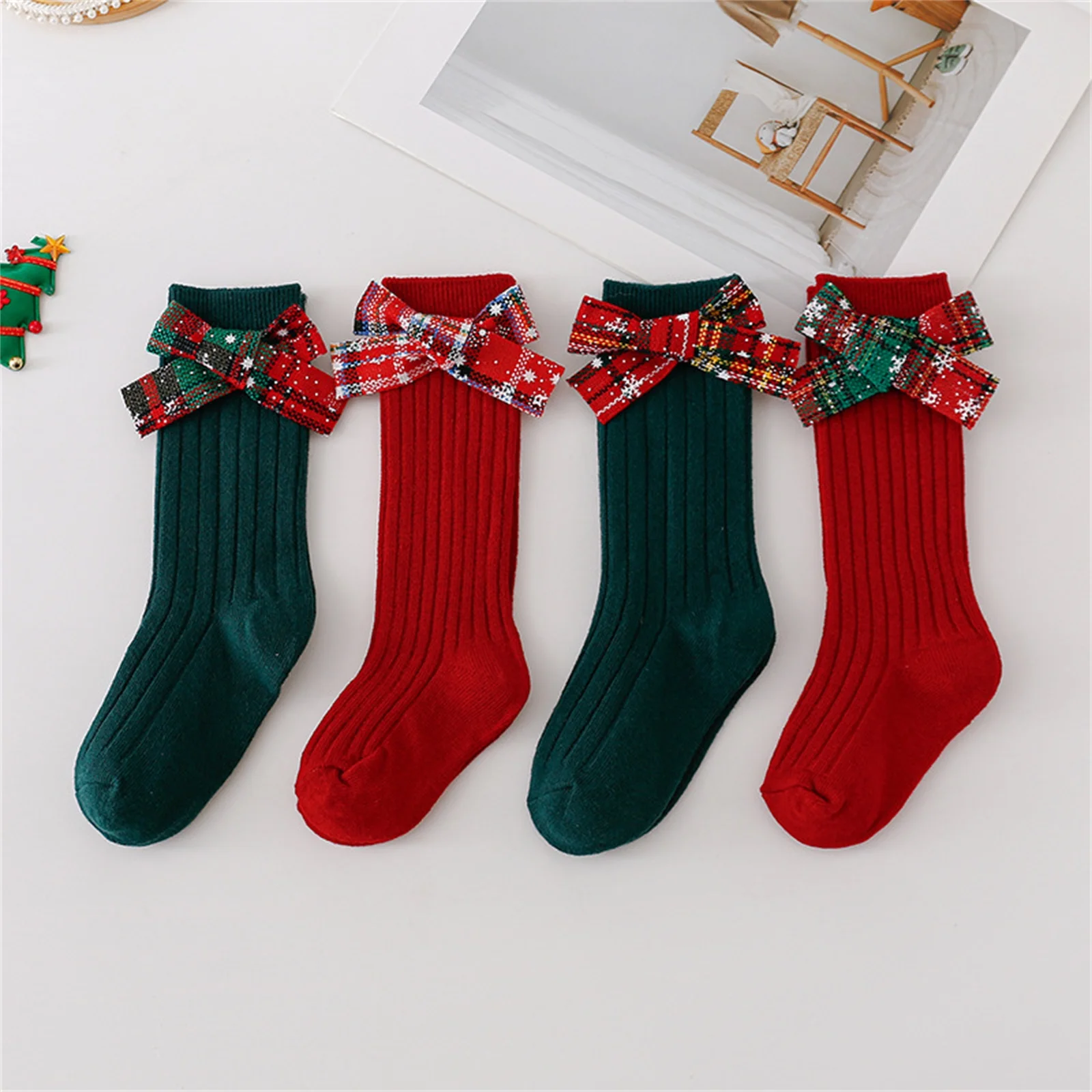 BeQeuewll Christmas Kids Girls Socks Ribbed Knee High Tube Socks Cute Bowknot Breathable Walking Socks Toddler Floor Socks